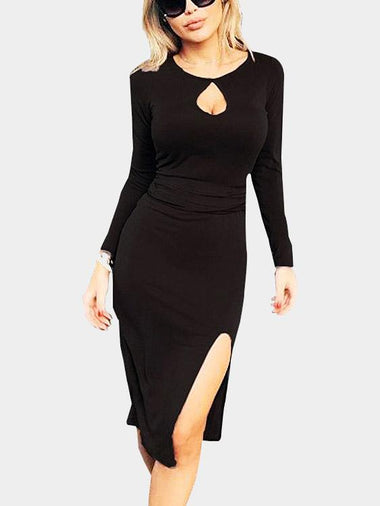 Wholesale Black Round Neck Long Sleeve Cut Out Slit Hem Dresses