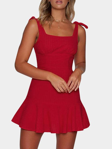 Wholesale Red Square Neck Sleeveless Zip Back Lace-Up Sexy Dresses