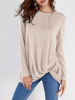 Wholesale Round Neck Plain Crossed Front Pleated Long Sleeve Irregular Hem T-Shirts