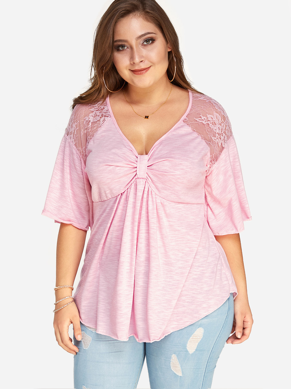 Wholesale V-Neck Plain Lace Pleated Half Sleeve Pink Plus Size Tops