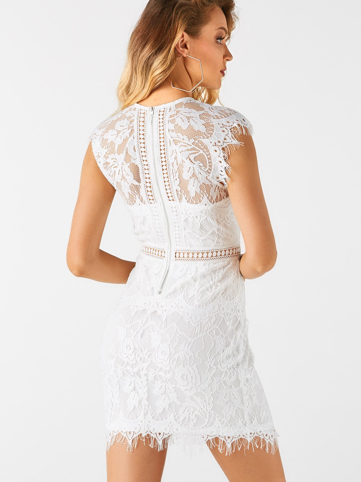 Wholesale White Bateau Short Sleeve Lace Zip Back High-Waisted Sexy Dress