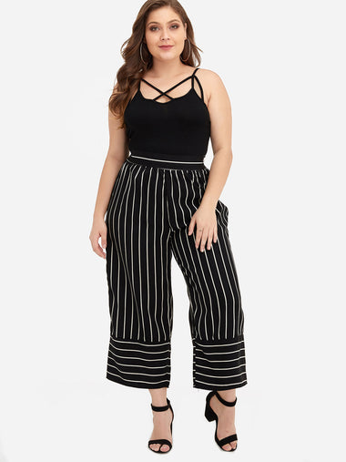 Wholesale Plus Size Elastic Strap Stripe Wide Leg Pants