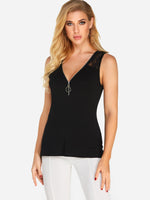 Wholesale V-Neck Lace Zip Back Sleeveless Black Tank Top