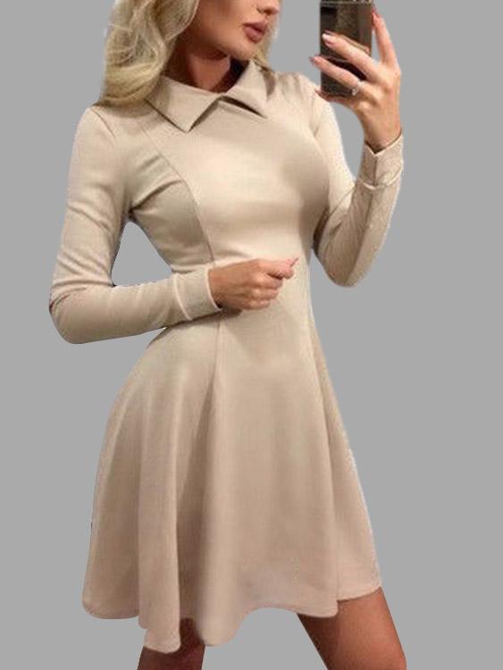 Wholesale Khaki Perkins Collar Long Sleeve Plain Zip Back Ruffle Hem Casual Dresses