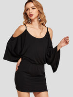 Wholesale Black Cold Shoulder Long Sleeve Plain Cut Out Spaghetti Strap Dresses