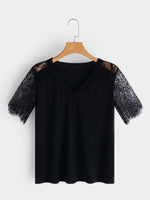 Wholesale V-Neck Lace Short Sleeve Black Top