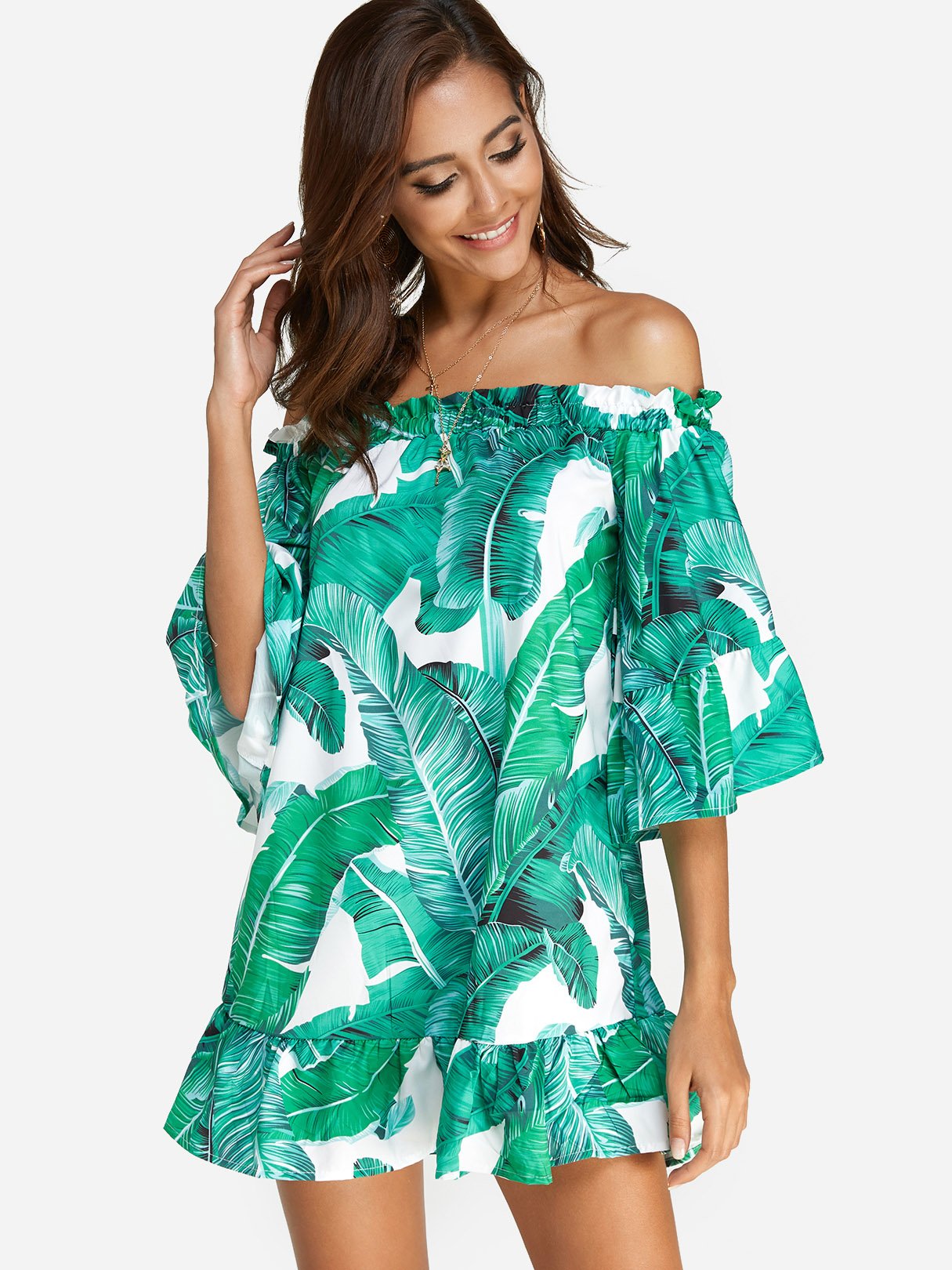 Wholesale Green Off The Shoulder 3/4 Sleeve Length Floral Print Backless Flounced Hem Dresses
