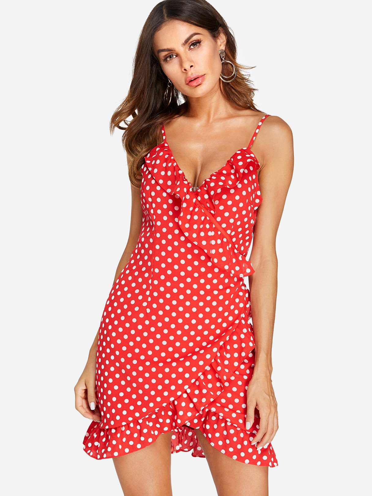 Wholesale Red V-Neck Sleeveless Polka Dot Spaghetti Strap Wrap Irregular Hem Sexy Dresses