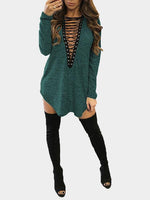 Wholesale V-Neck Plain Long Sleeve Green Mini Dress