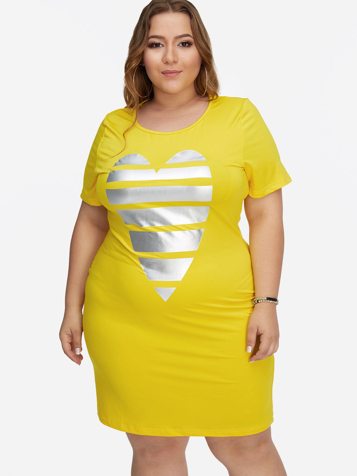 Wholesale Round Neck Short Sleeve Yellow Plus Size Midi Dress