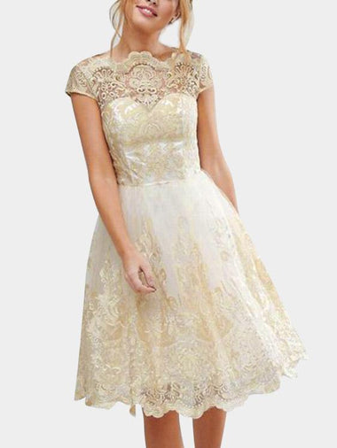 Wholesale Gold Short Sleeve Sheer Crochet Lace Embellished Hollow Sexy Dresses