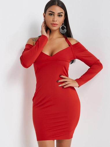 Wholesale Halter Cold Shoulder Deep V Neck Plain Long Sleeve Red Sexy Dresses