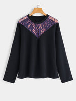 Wholesale Round Neck Plain Sequins Embellished Long Sleeve Black Plus Size Tops