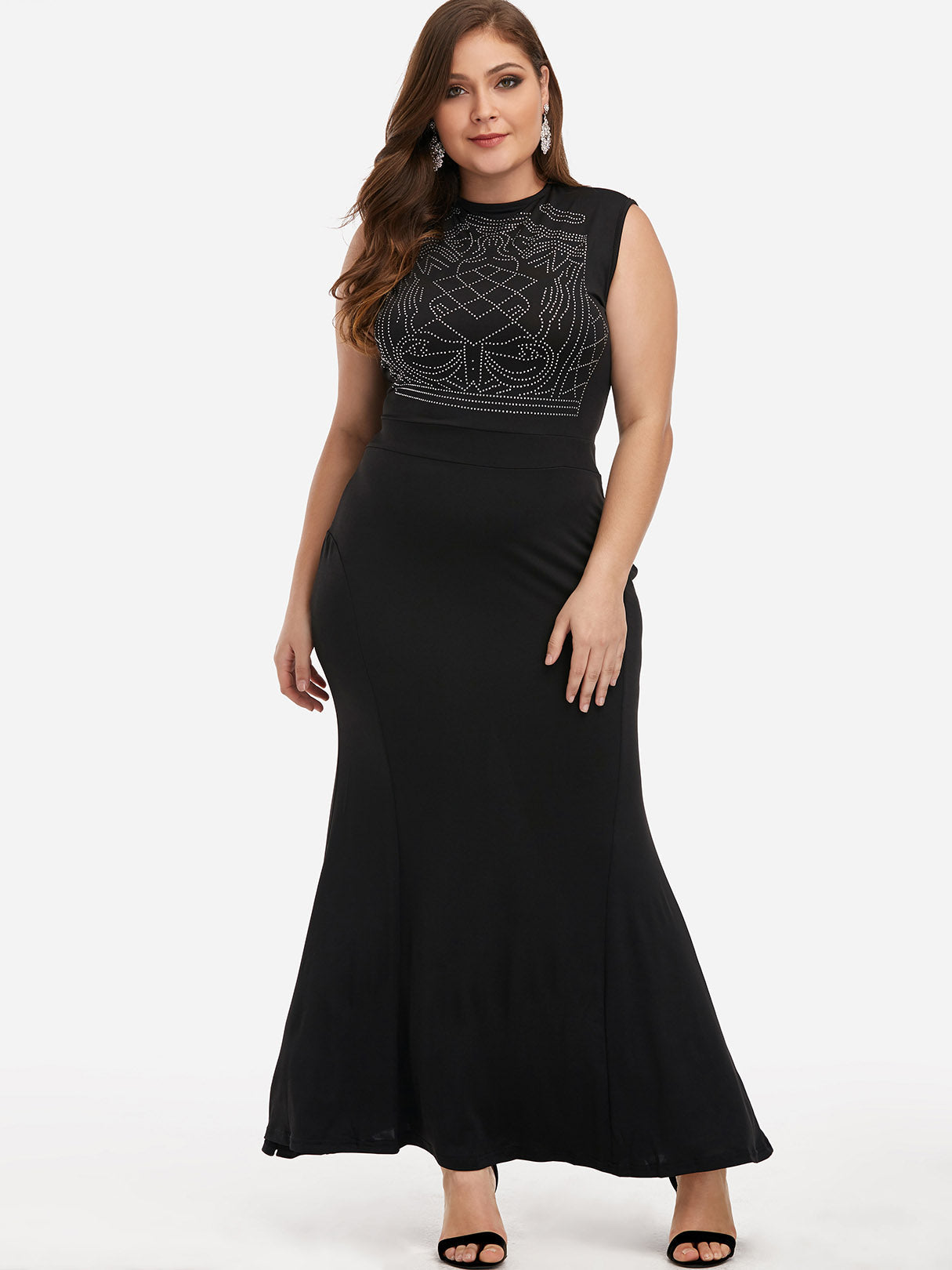 Wholesale Crew Neck Plain Handmade Beaded Sleeveless Black Plus Size Maxi Dresses