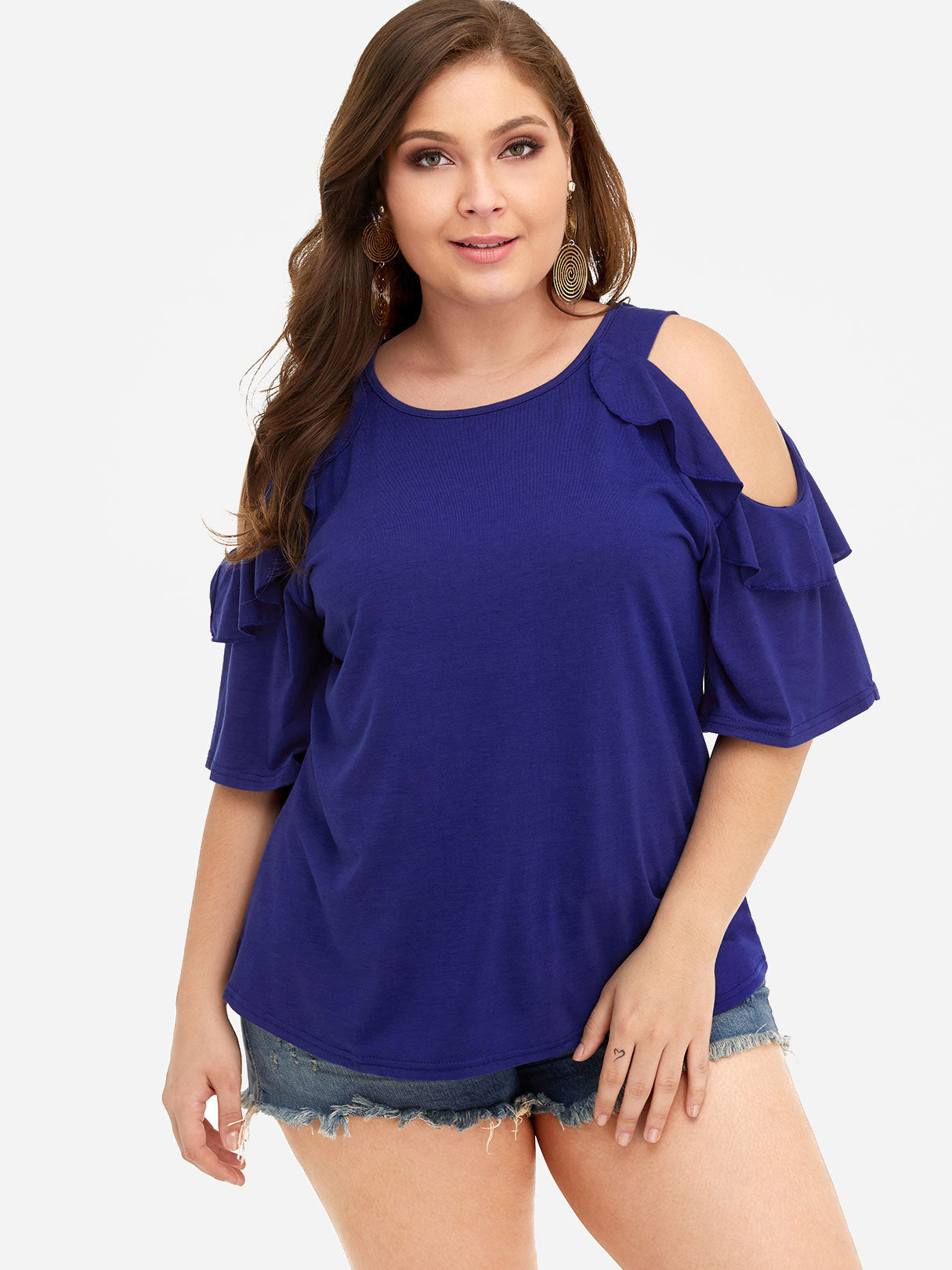 Wholesale Round Neck Cold Shoulder Plain Ruffle Trim Half Sleeve Plus Size Tops