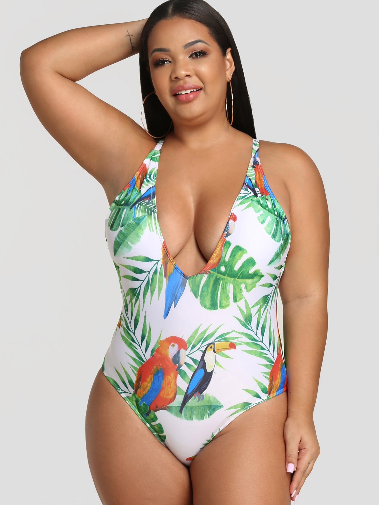 Wholesale Deep V Neck Floral Print Backless Sleeveless Plus Size Swimwear