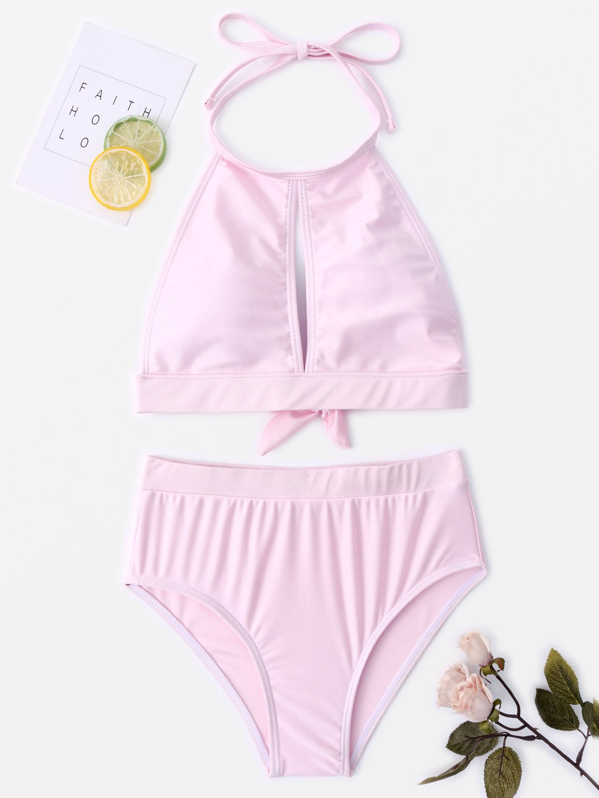Wholesale Pink Halter Sleeveless Plain Tie-Up High Waist Two Piece Bikinis