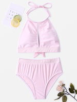 Wholesale Pink Halter Sleeveless Plain Tie-Up High Waist Two Piece Bikinis