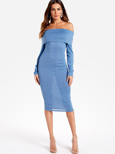 Wholesale Blue Off The Shoulder Long Sleeve Plain Dresses