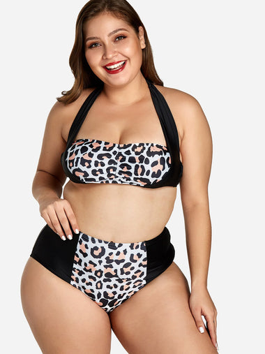 Wholesale Halter Leopard Sleeveless Plus Size Swimwear