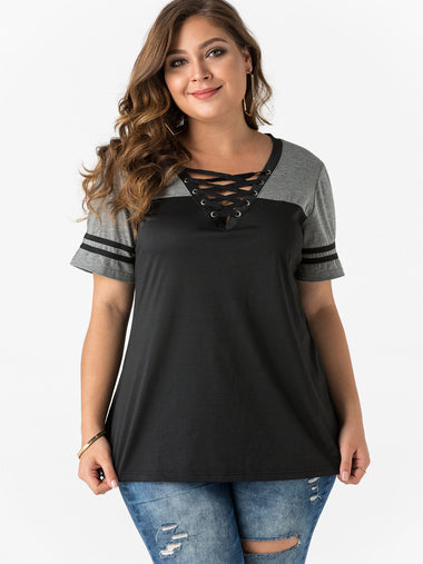 Wholesale Deep V Neck Criss-Cross Short Sleeve Plus Size Tops