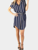 Wholesale Navy Perkins Collar Long Sleeve Stripe Curved Hem Shirt Dress