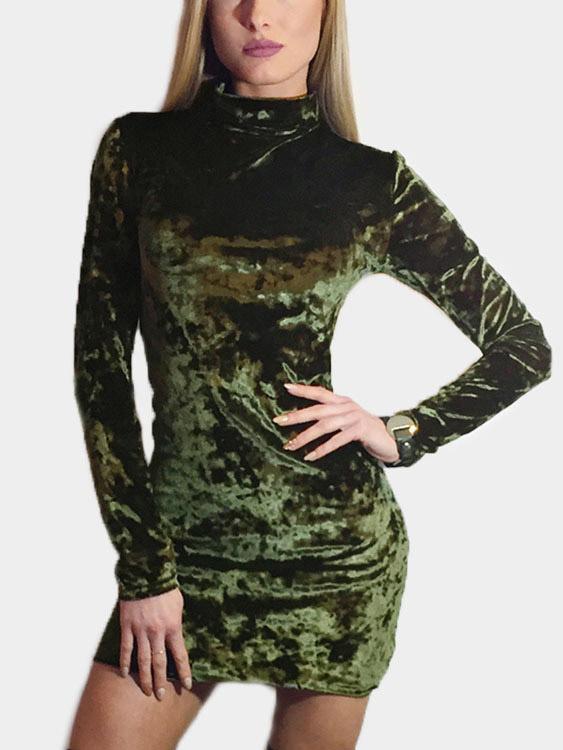 Wholesale Army Green Long Sleeve High Neck Bodycon Mini Dress