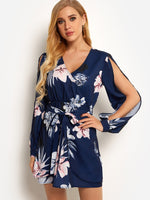 Wholesale Navy V-Neck Long Sleeve Floral Print Cut Out Self-Tie Dresses