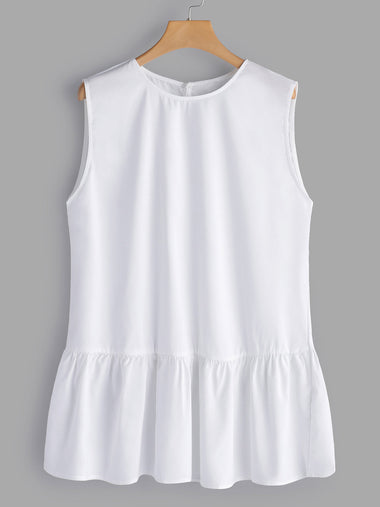 Wholesale Round Neck Plain Sleeveless Flounced Hem White Plus Size Tops