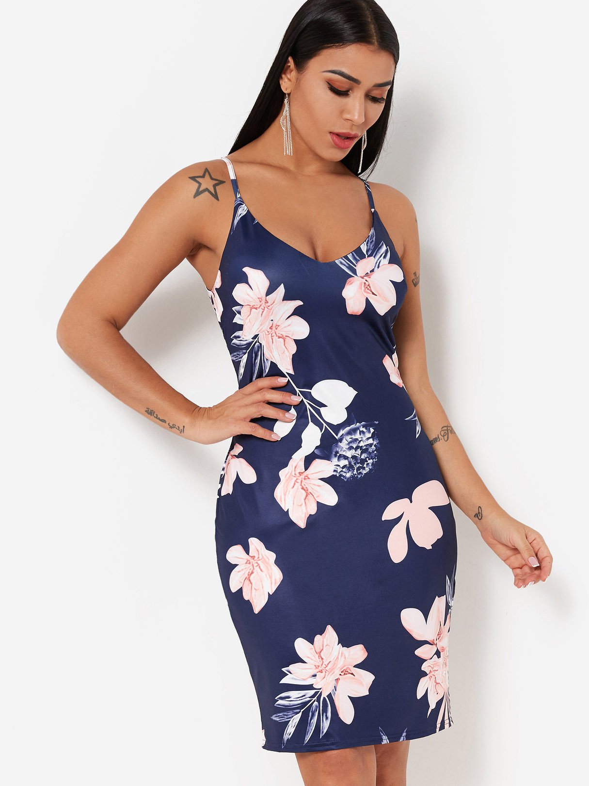 Wholesale Navy Halter Sleeveless Floral Print V-Neck Backless Sexy Dresses