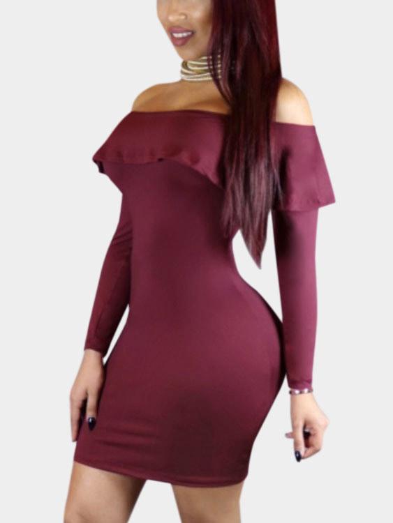 Wholesale Burgundy Off The Shoulder Long Sleeve Plain Dresses