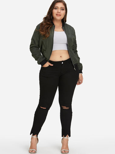 Wholesale Plain Random Ripped Irregular Hem Black Plus Size Bottoms