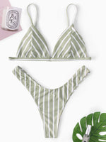 Wholesale Green V-Neck Sleeveless Stripe Backless Two Piece Bikinis