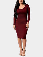 Wholesale Burgundy Round Neck Long Sleeve Backless Bodycon Hem Dresses