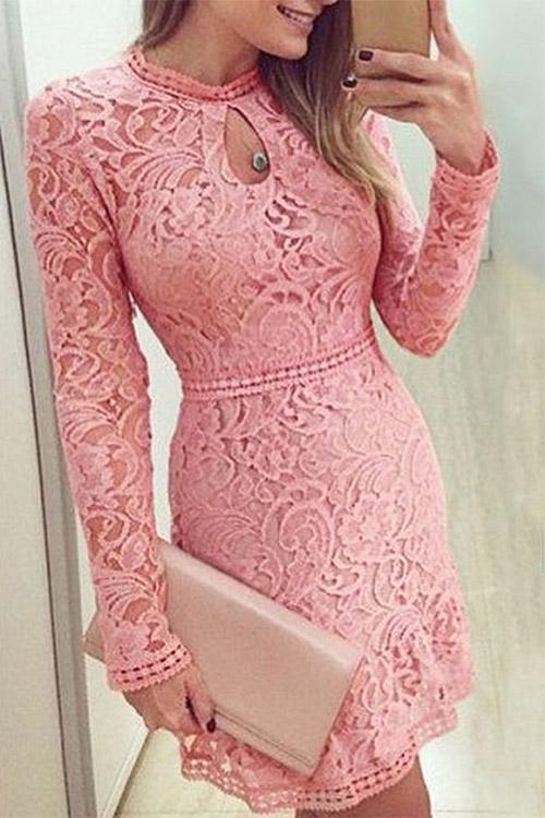 Wholesale Pink Crew Neck Long Sleeve Lace Zip Back Cut Out Sexy Dresses