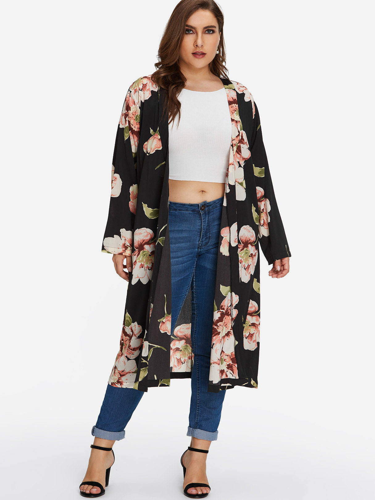 Wholesale Floral Print Long Sleeve Black Plus Size Coats & Jackets