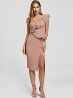 Wholesale Pink One Shoulder Sleeveless Plain Backless Pleated Slit Hem Sexy Dress