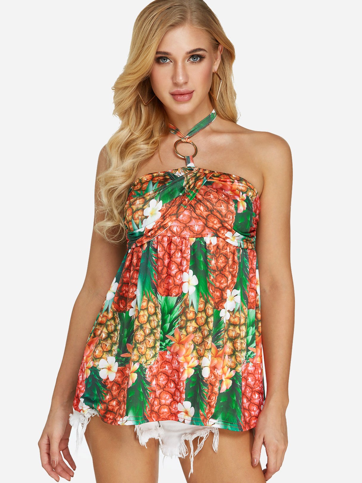 Wholesale Halter Floral Print Backless Sleeveless Green Camis