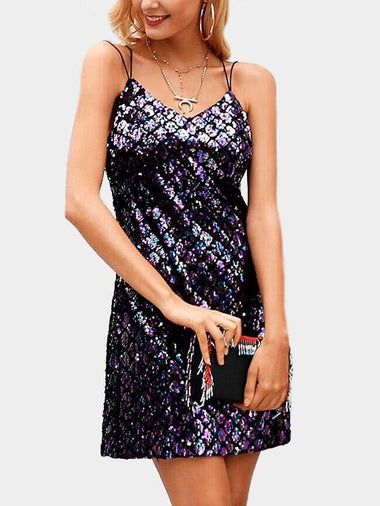 Wholesale V-Neck Sleeveless Grid Backless Sequins Embellished Spaghetti Strap Sexy Dresses