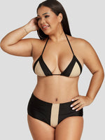 Wholesale Halter Geometrical Self-Tie Sleeveless Black Plus Size Swimwear