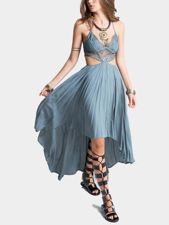 Wholesale Grey Blue V-Neck Sleeveless Plain Lace Cut Out Irregular Hem Maxi Dress