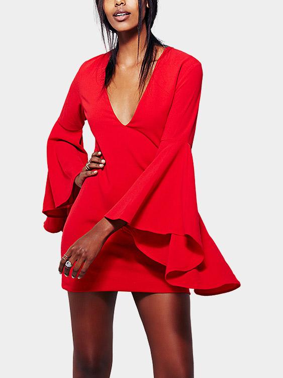 Wholesale V-Neck Long Sleeve Red Sexy Dresses