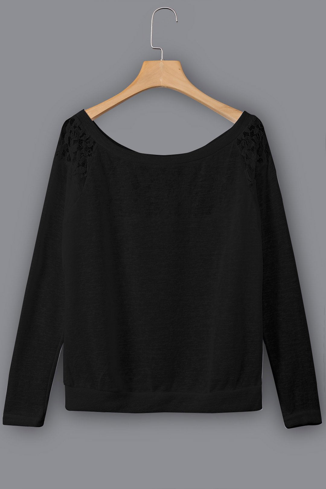 Wholesale Round Neck Lace Hollow Long Sleeve Black Top