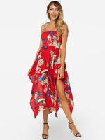 Wholesale Red Tube Top Sleeveless Floral Print Backless Irregular Hem Dresses