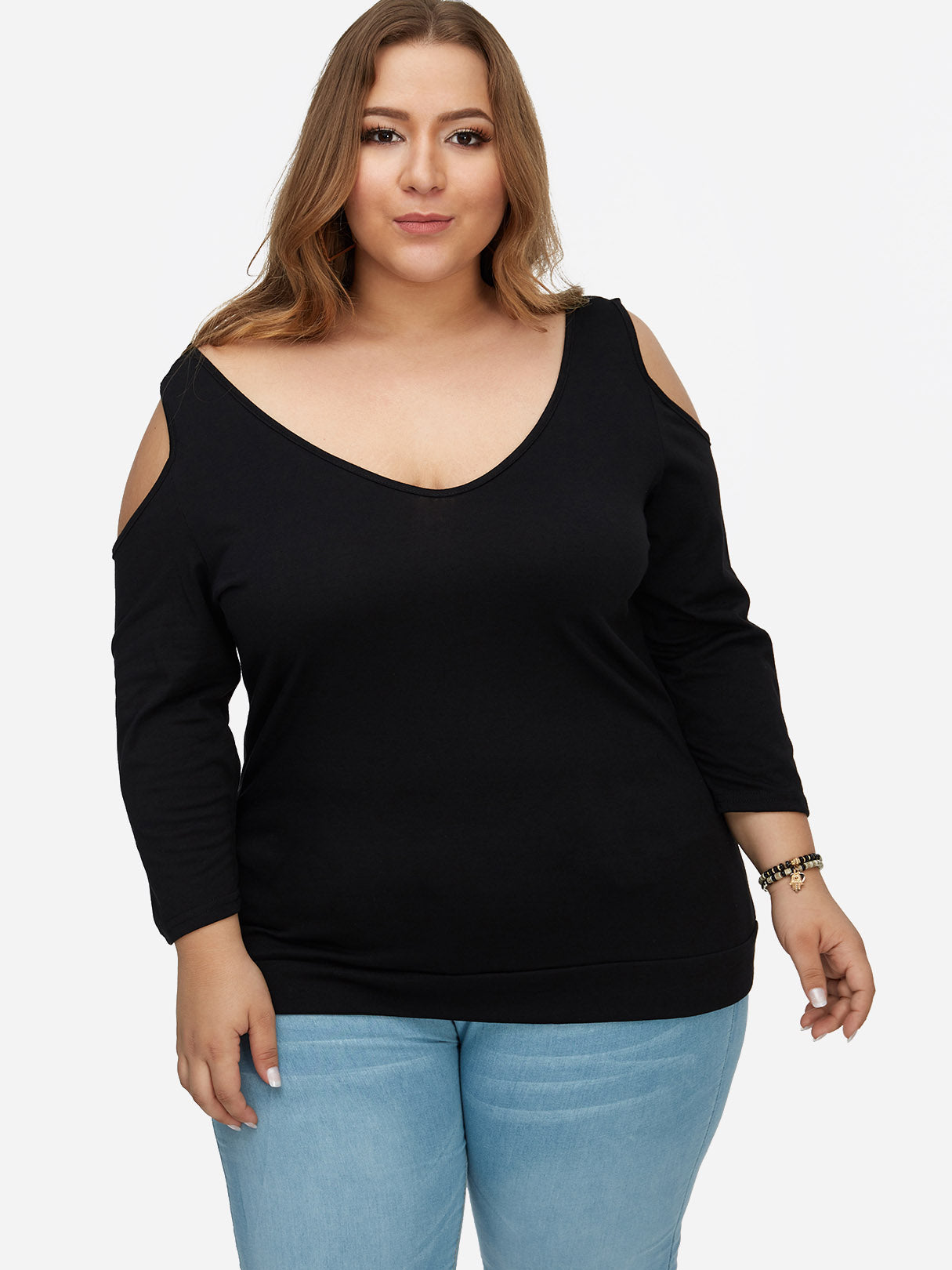 Wholesale V-Neck Cold Shoulder Plain Criss-Cross Long Sleeve Black Plus Size Tops