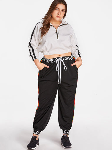 Wholesale Stripe Letter Side Pockets Black Plus Size Bottoms