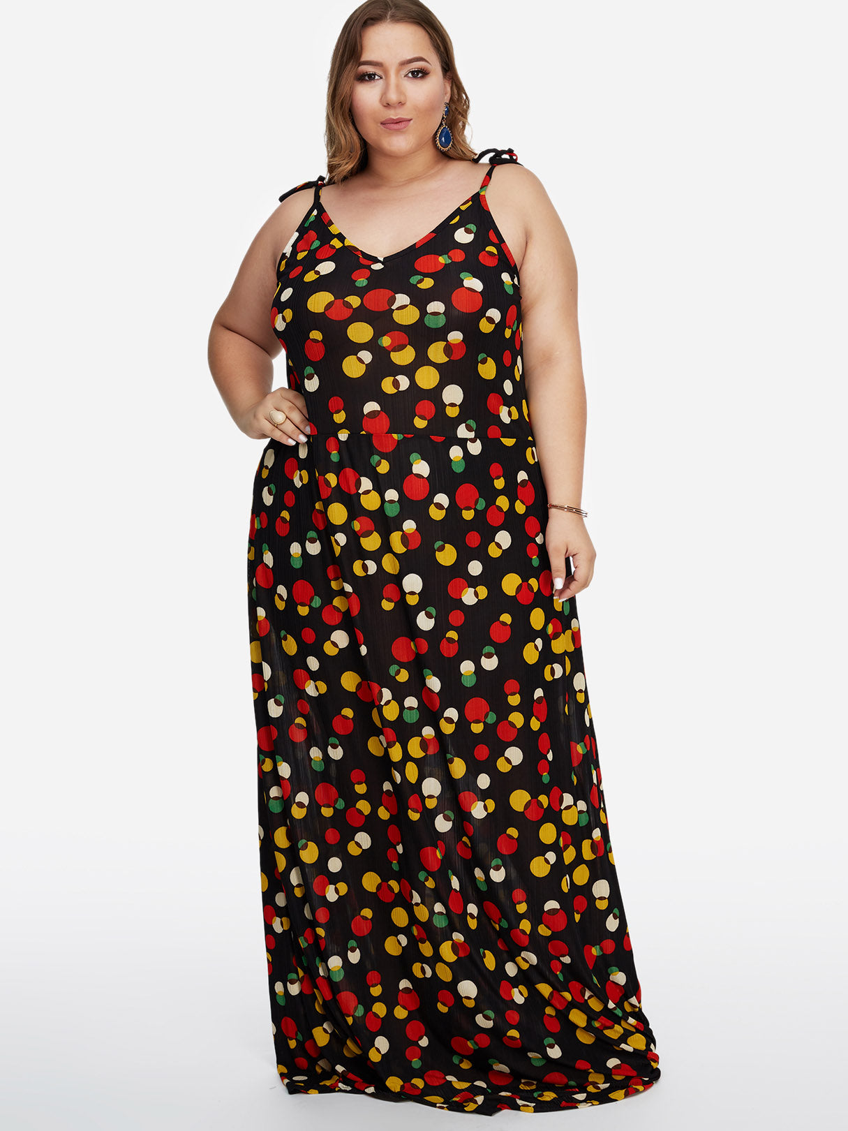 Wholesale V-Neck Polka Dot Backless Self-Tie Sleeveless Black Plus Size Maxi Dress