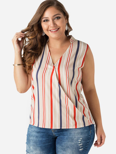 Wholesale V-Neck Stripe Sleeveless Plus Size Tops