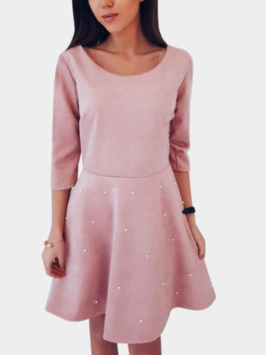 Wholesale Pink Round Neck 3/4 Length Sleeve High-Waisted Sexy Dress