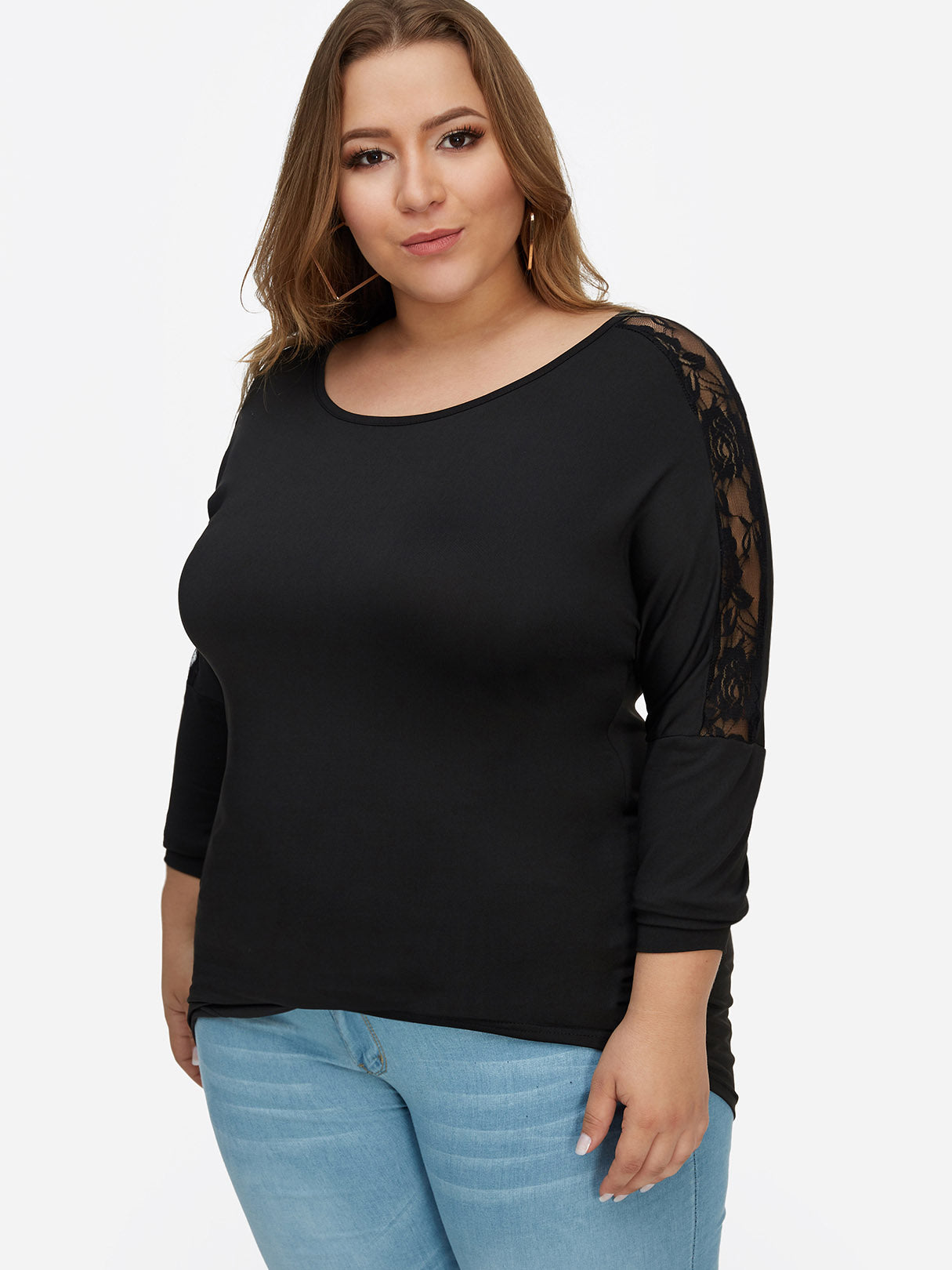 Wholesale Round Neck Lace Backless Hollow See Through Long Sleeve Irregular Hem Plus Size Tops